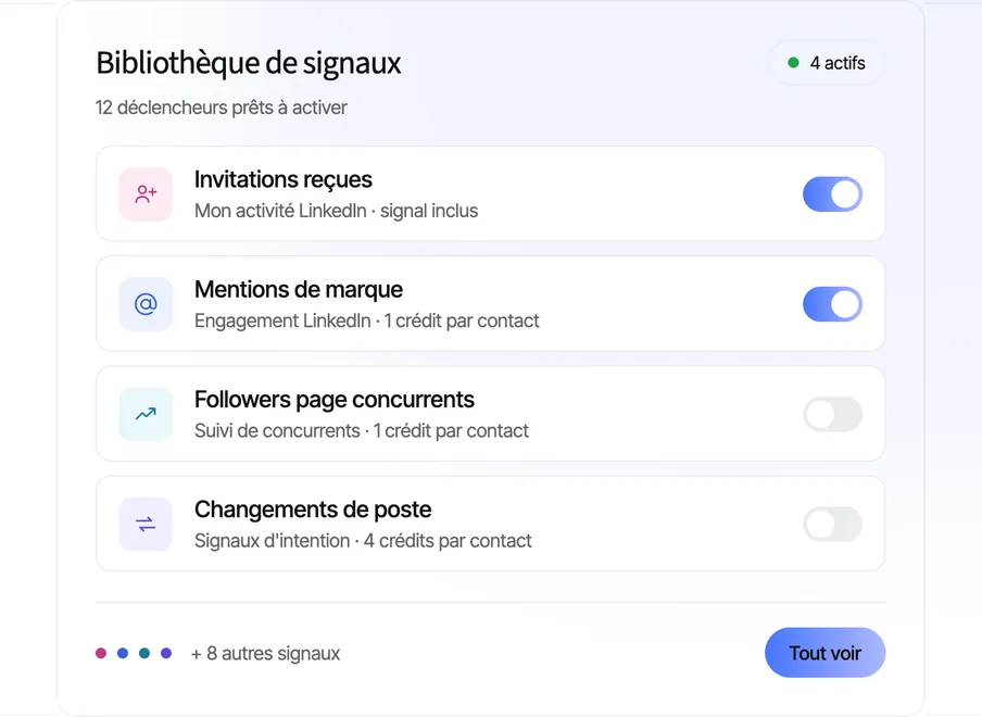 Les signaux d'intention disponibles dans Sinky, à activer d'un clic